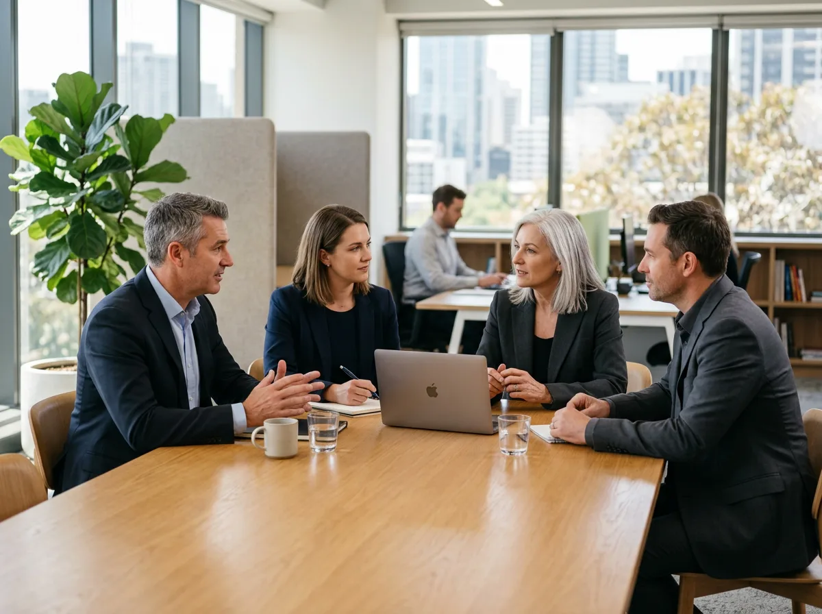 Professional services office team working at computers in a small firm