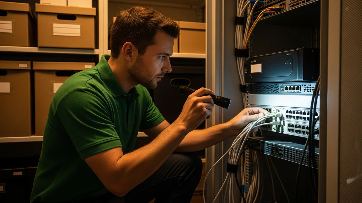 IT technician checking server rack and backup appliance cables in a small accounting firm server closet