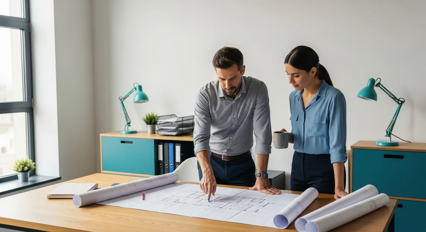 Architect and structural engineer reviewing a large printed set of construction drawings at a table