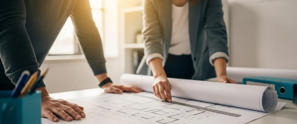 Architect and engineer reviewing a rolled printed blueprint on a drafting table