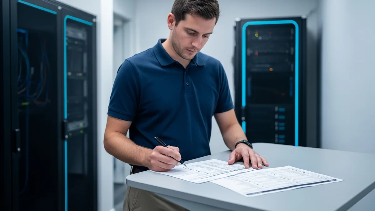 IT professional reviewing a printed email domain security checklist near server equipment