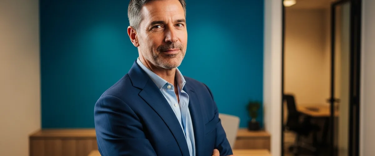 Business owner standing confidently in a modern small-business office