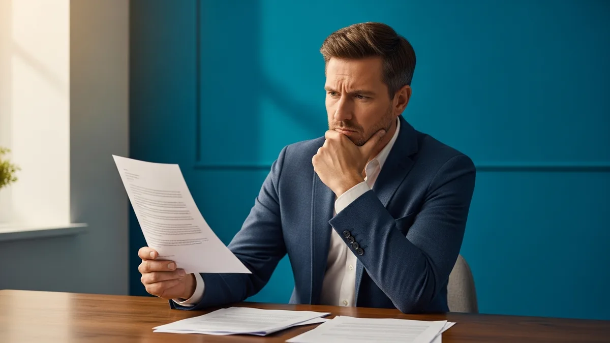 Business owner reviewing a printed letter with a skeptical, concerned expression