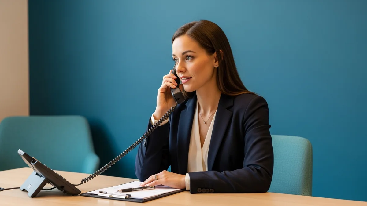 Office manager on a phone call verifying a wire transfer request before sending funds