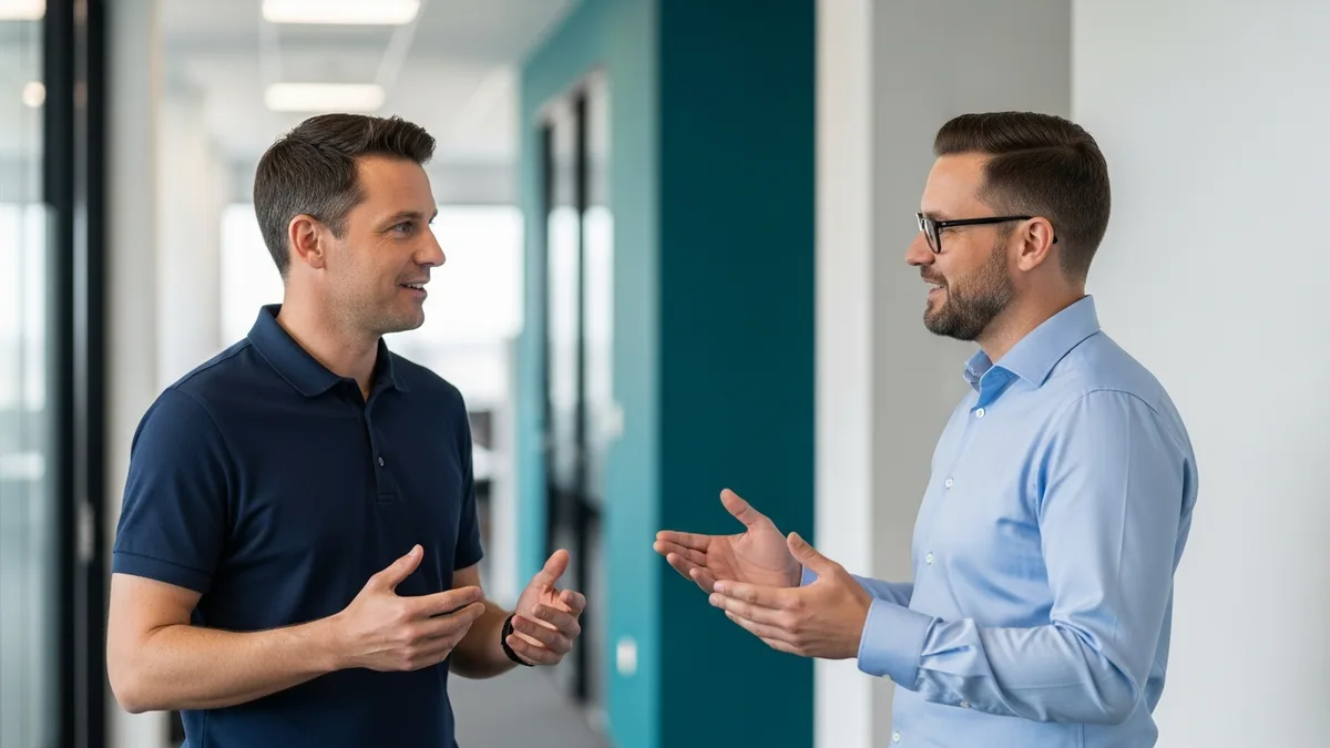 Internal IT staff member and outside managed service provider technician talking in an office hallway