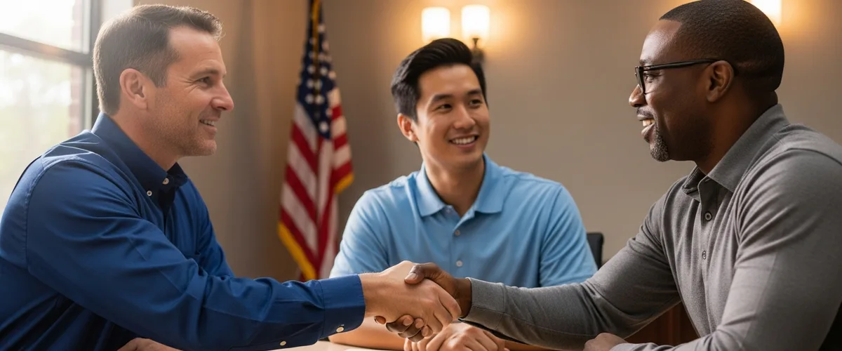 Municipal government staff and an outside IT provider shaking hands after agreeing to a co-managed IT arrangement