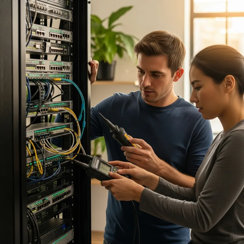 A VJNetworks technician working alongside an internal IT administrator at a network rack