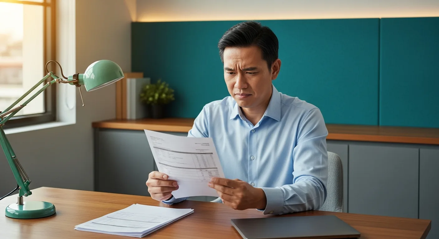 Small business owner reviewing a printed IT services invoice with a frustrated, confused expression