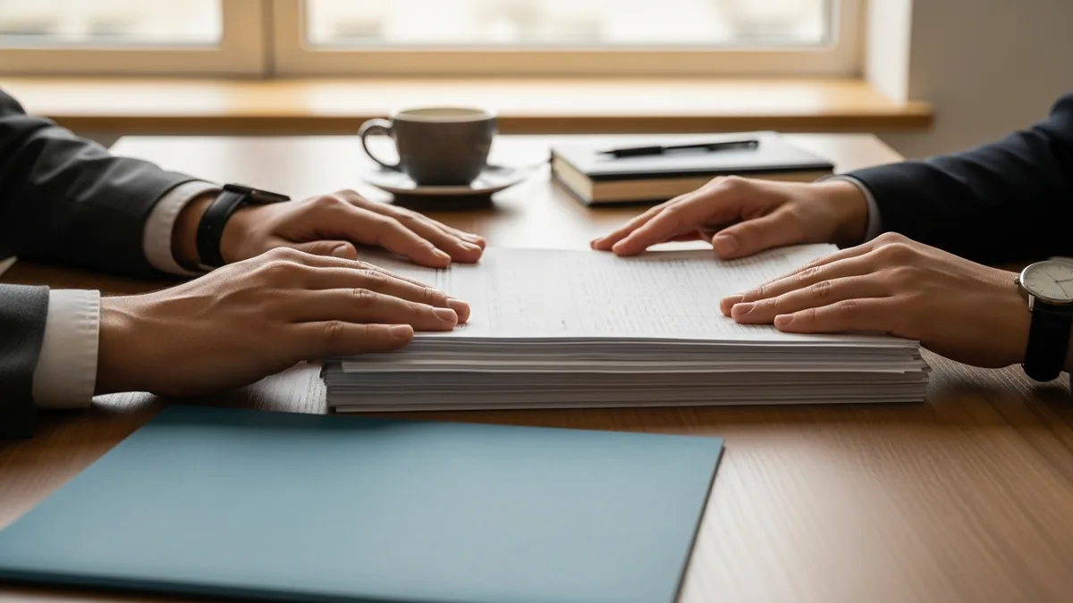 Two people reviewing a printed cyber insurance application checklist