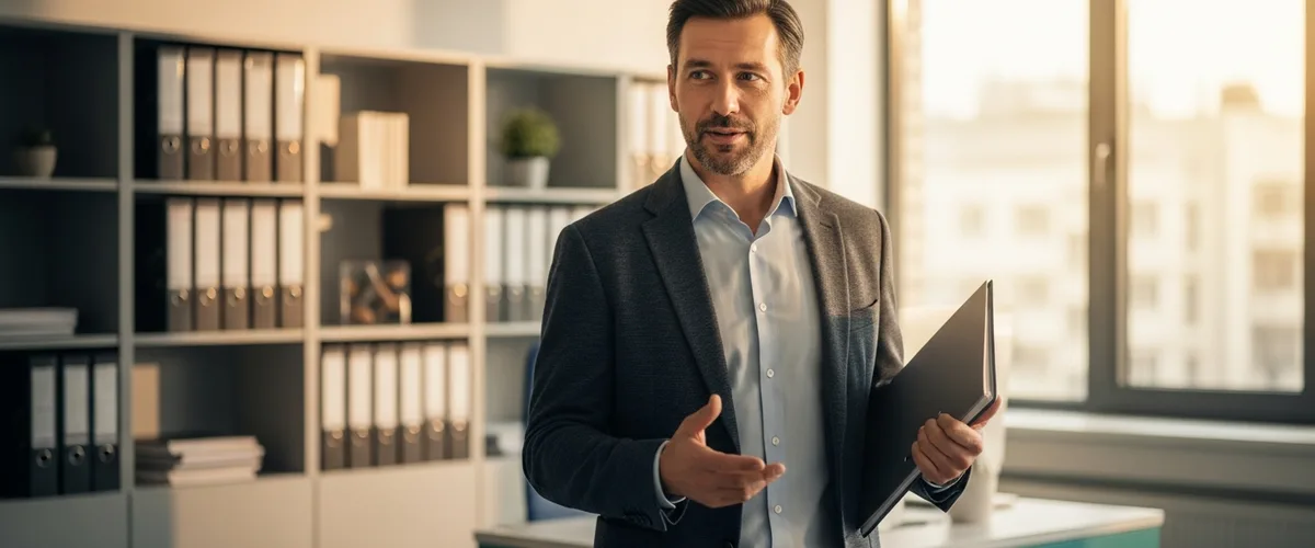 IT consultant discussing cyber insurance audit readiness with a folder under his arm