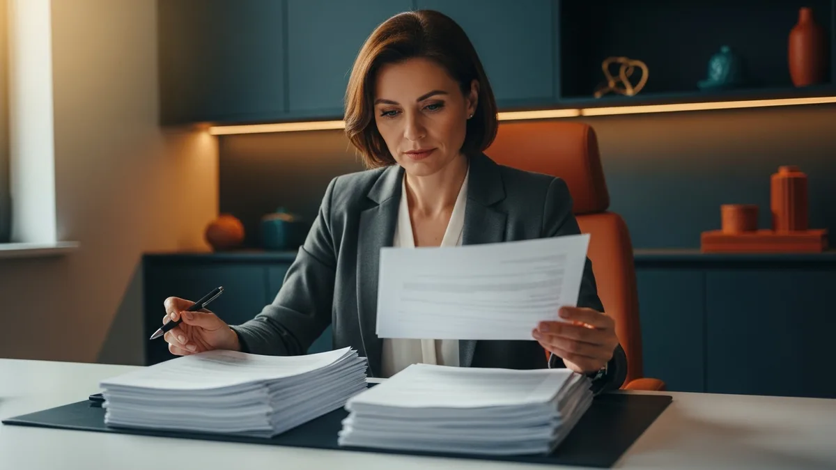 Small business owner cross-referencing paperwork before a cyber insurance renewal