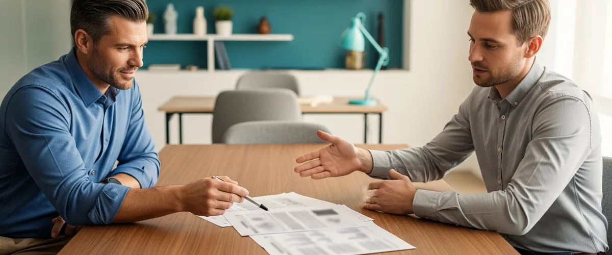 Small business owner and IT consultant reviewing cyber insurance MFA and EDR requirements at a desk