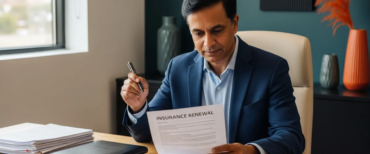 Small business owner reviewing a cyber insurance renewal letter at his desk