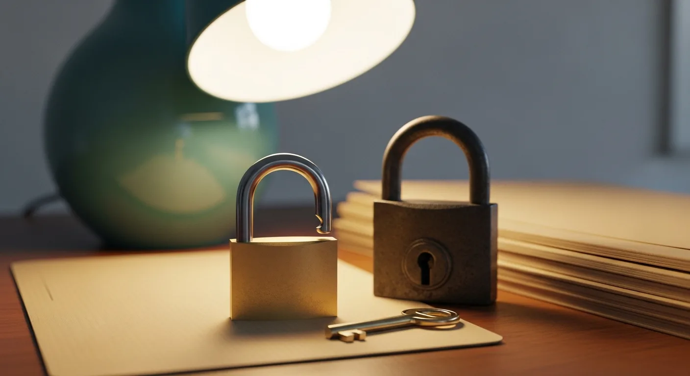 Brass padlock and key beside folders on a desk, illustrating limited versus broader credential monitoring coverage