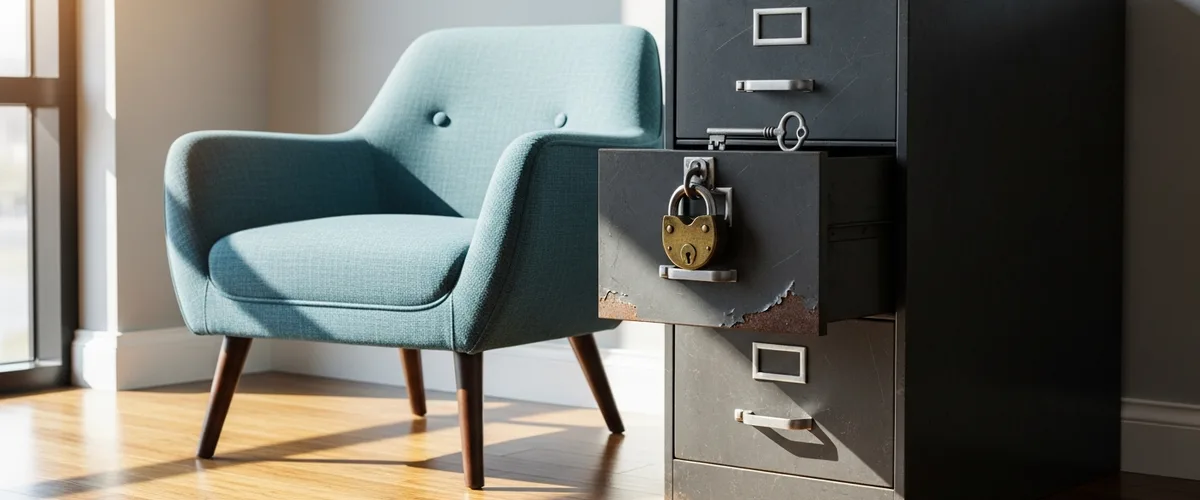 Locked steel filing cabinet with a padlock and key in a small business office, representing data security