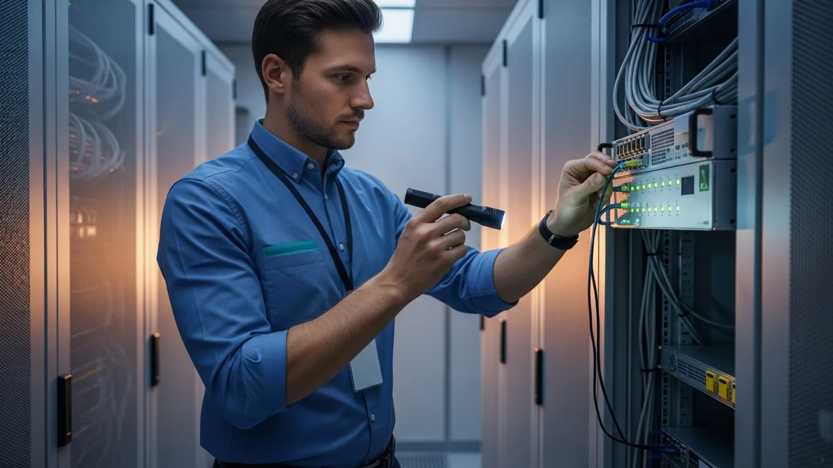 IT technician checking a rack-mounted backup appliance in a server room