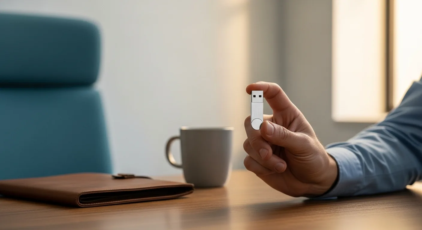 Hand holding a physical FIDO2 security key above an office desk, illustrating phishing-resistant MFA for identity and access management