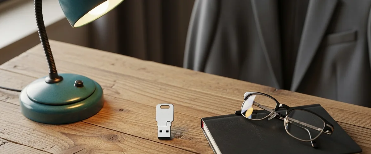 FIDO2 hardware security key resting on a desk beside a notebook, representing identity and access management for small business security