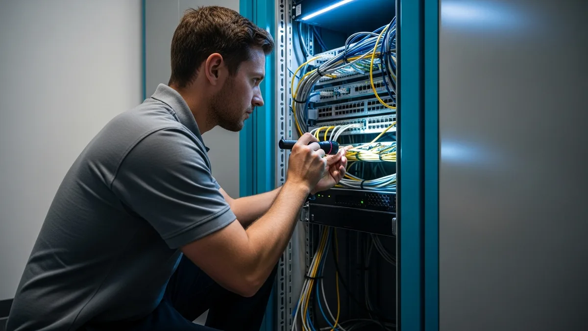 IT technician checking network security equipment for GLBA Safeguards Rule compliance