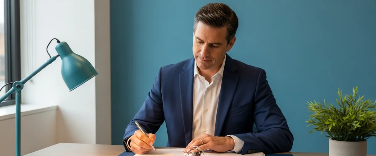 Financial advisor reviewing a printed compliance binder in a modern advisory office