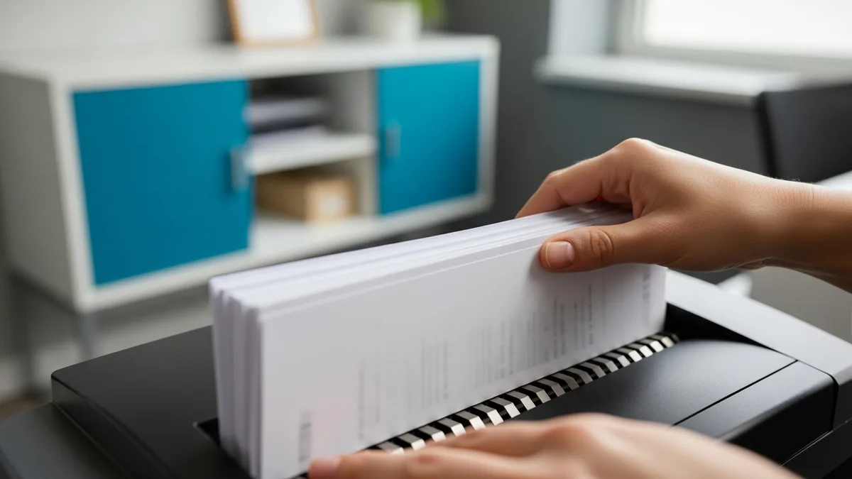 Hands feeding printed financial documents into an office shredder for secure disposal