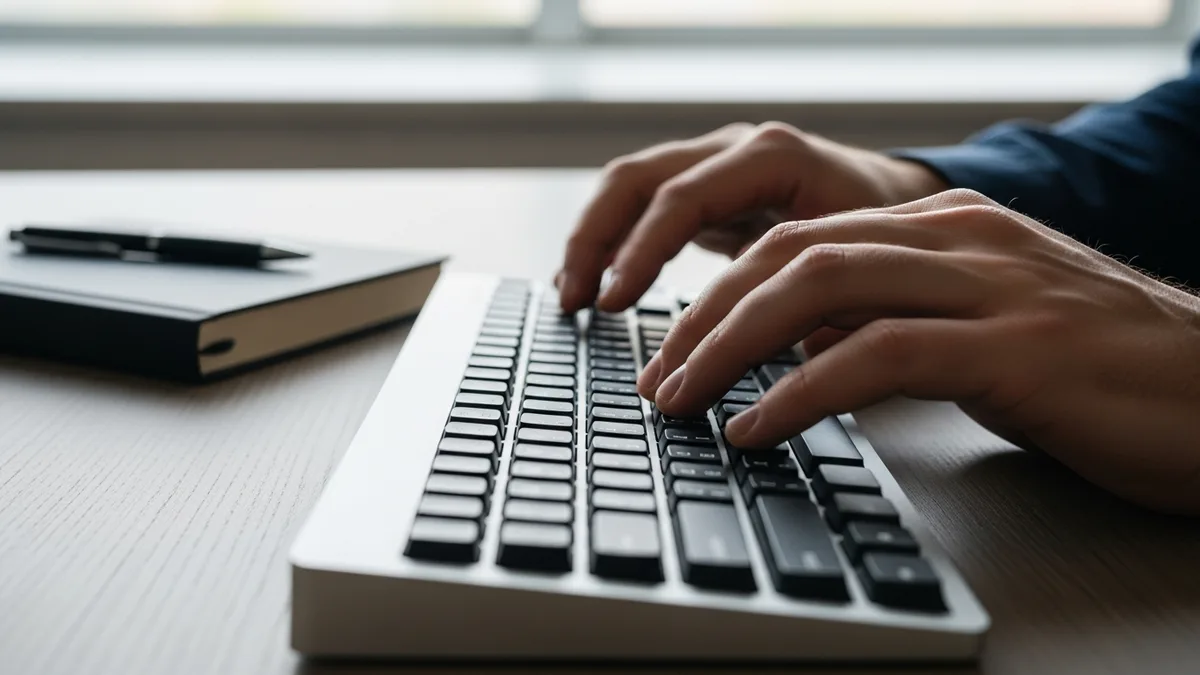 Hands typing on a laptop keyboard while reviewing endpoint security coverage