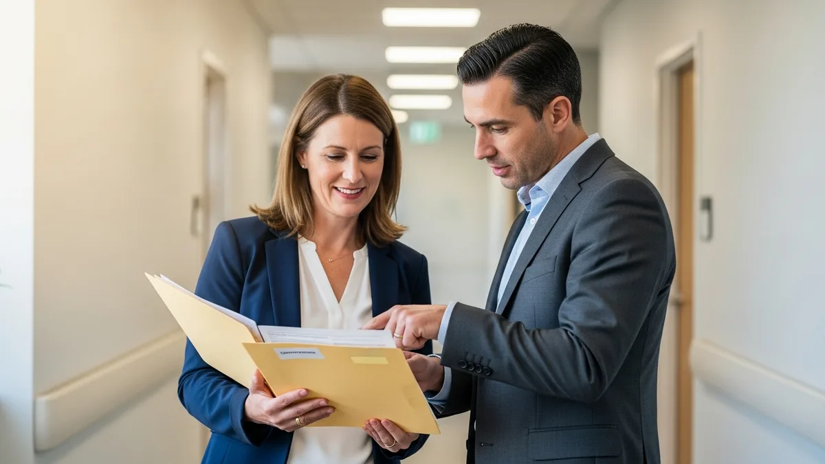 Healthcare administrator and IT consultant reviewing a compliance folder in a medical office hallway