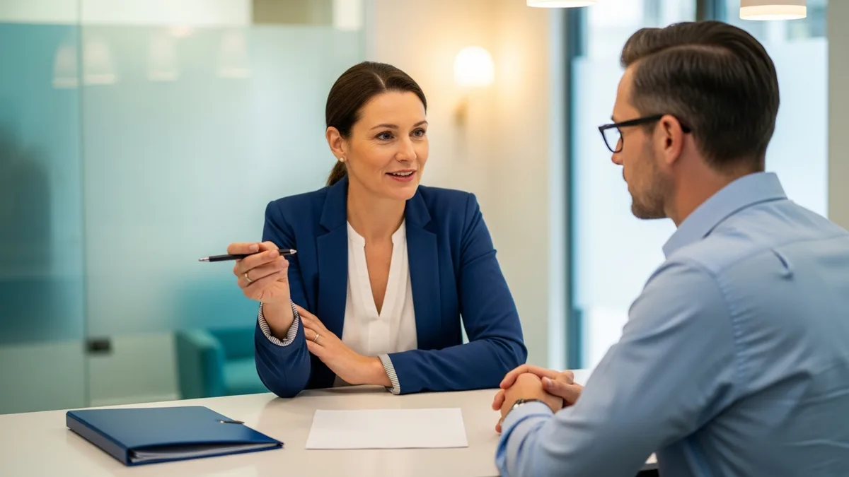 Healthcare practice manager and IT provider reviewing a printed HIPAA compliance binder at a reception desk