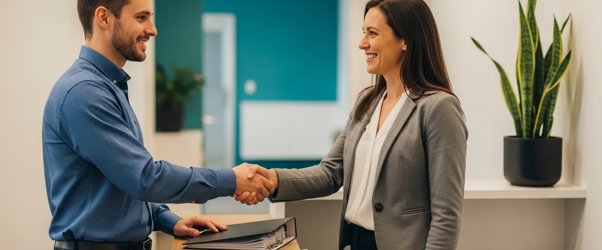 Healthcare practice manager and IT provider shaking hands after a HIPAA compliance consultation