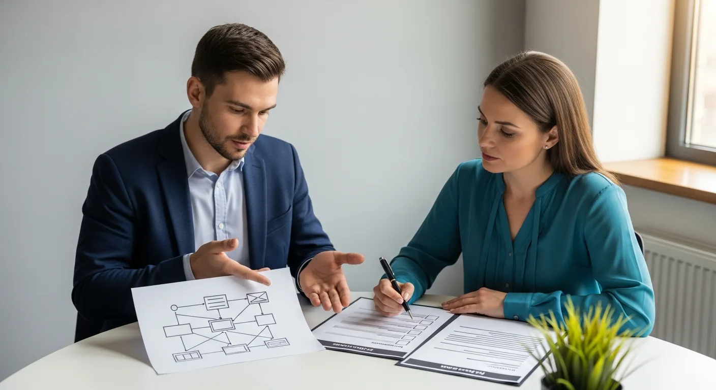IT consultant and architecture firm office manager reviewing a printed network infrastructure diagram