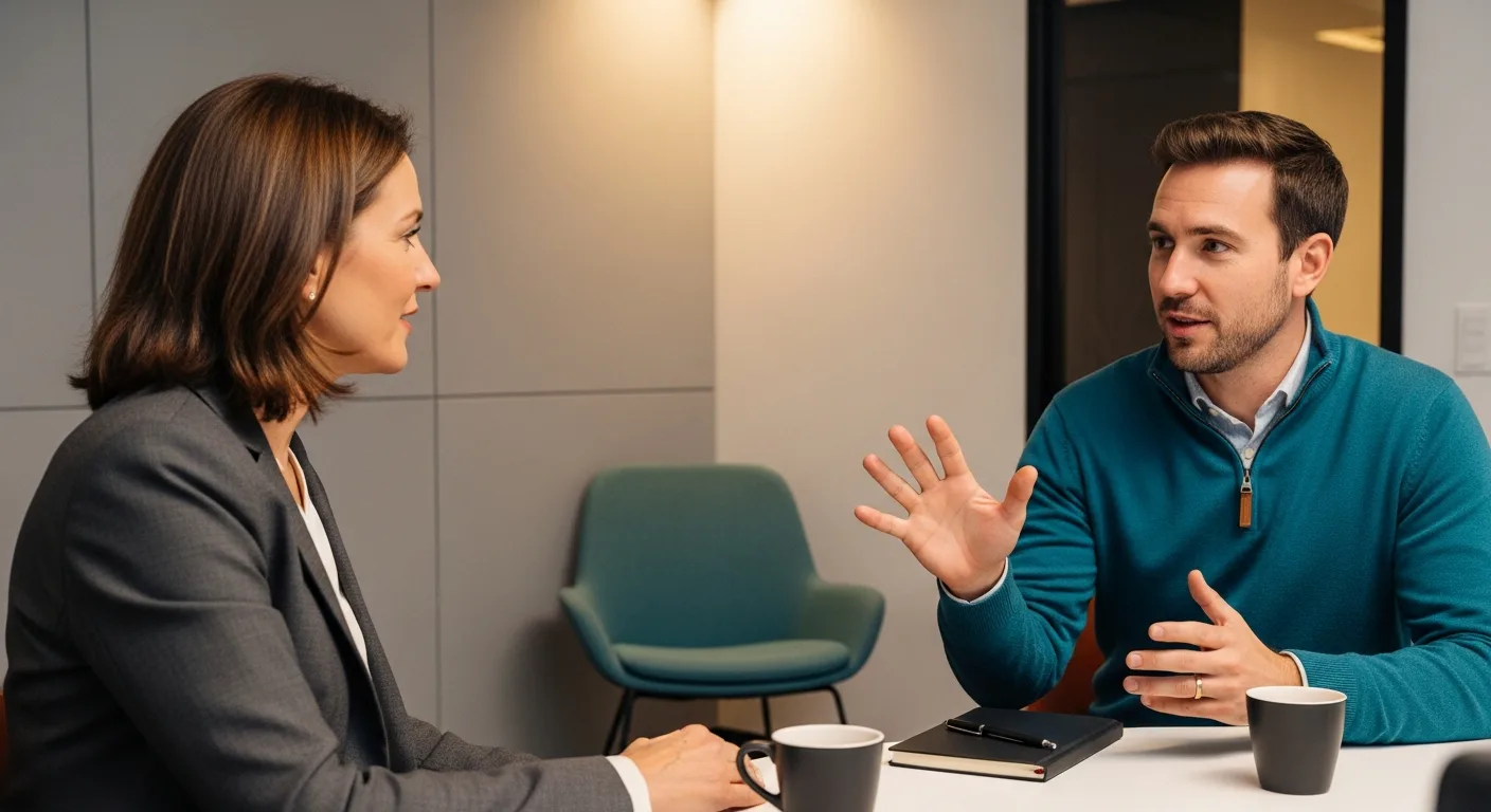 IT consultant and business owner having an in-depth conversation at a small office meeting table