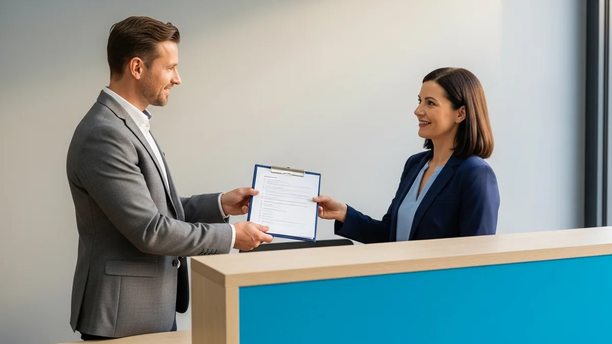 IT consultant handing a printed offboarding checklist to an office manager at a reception desk