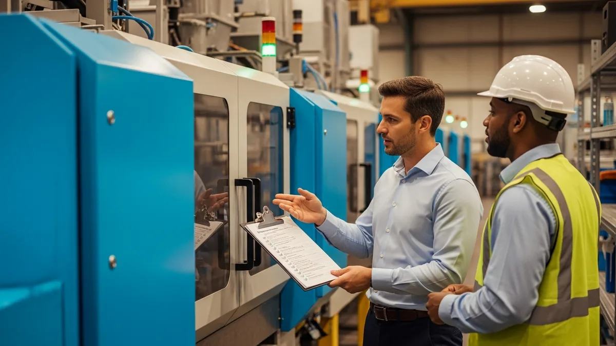IT professional reviewing a network security checklist with a plant manager on a factory floor