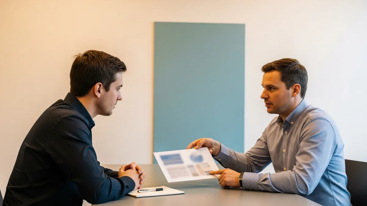 IT consultant and business owner in a serious consultation reviewing a network assessment document