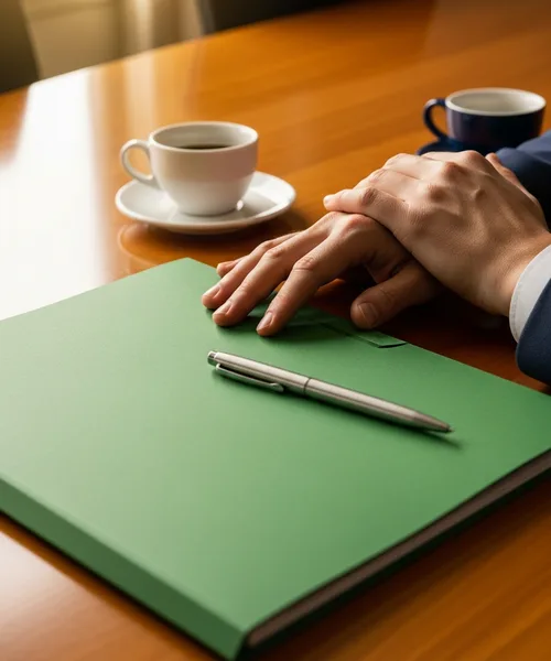 Hands resting on a green services agreement folder next to coffee cups, reviewing IT provider billing terms