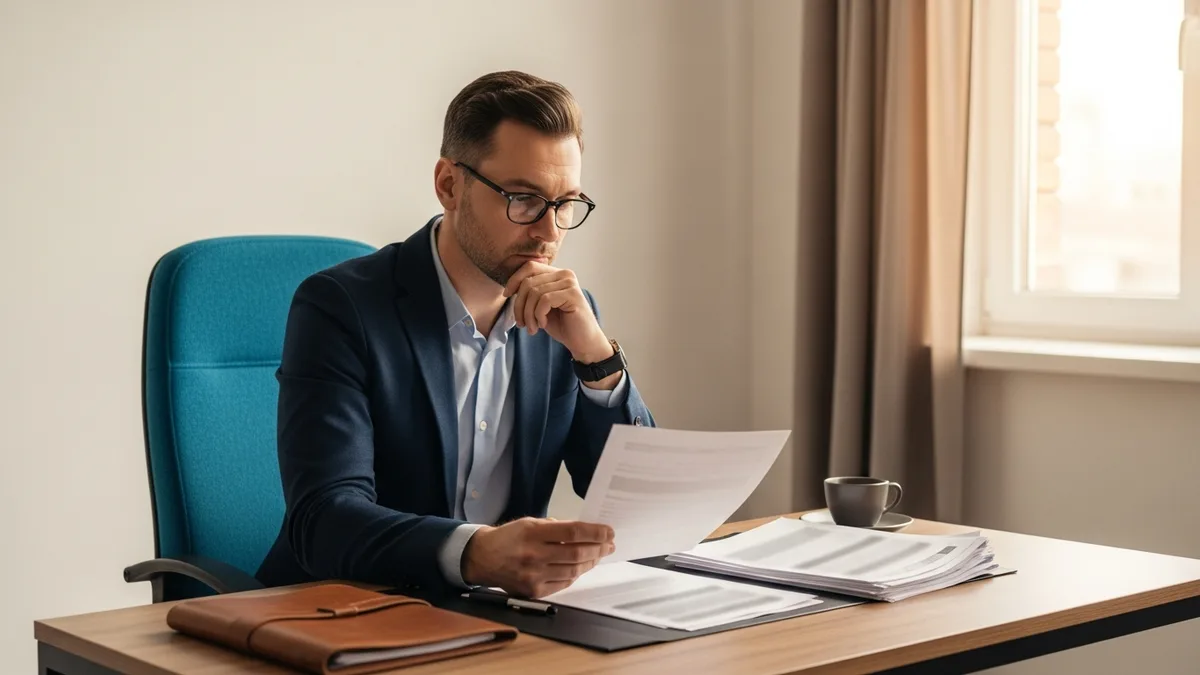Business owner sitting alone at a desk reviewing printed documents while deciding whether to switch IT providers