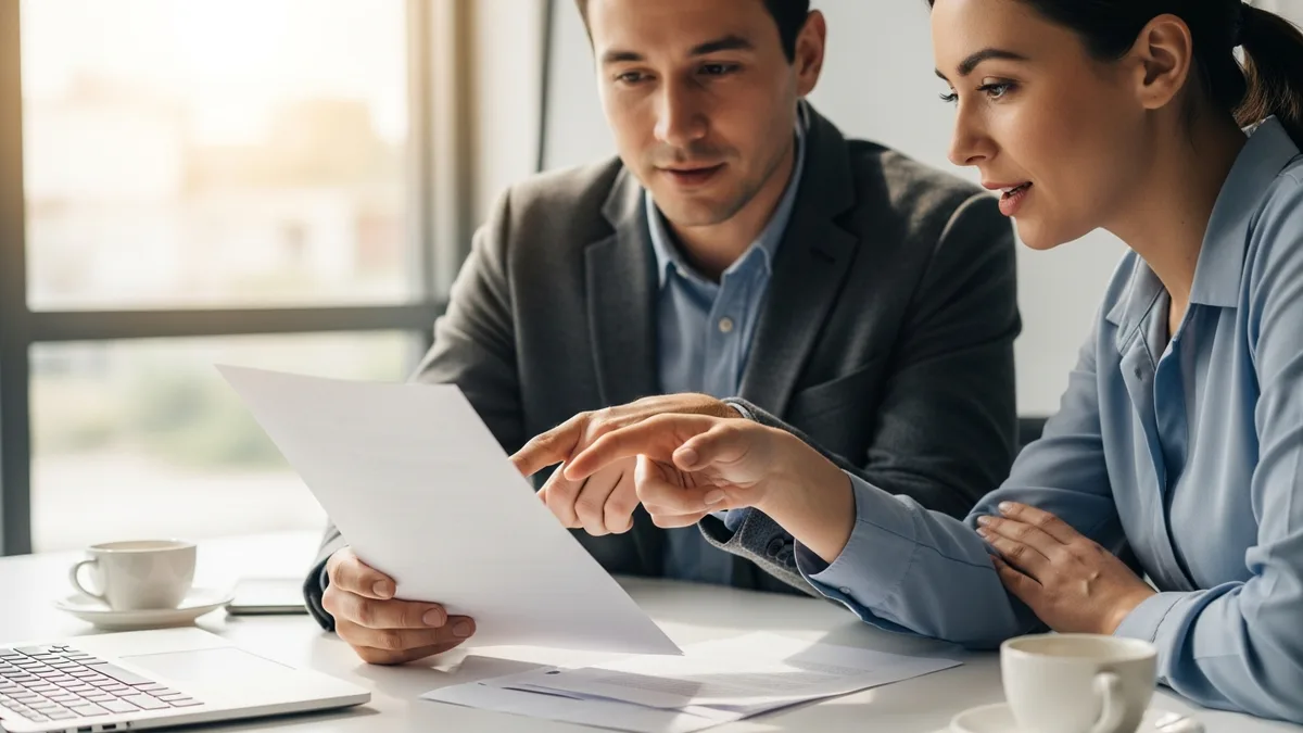 IT engineer and business owner reviewing a printed service agreement document at an office table