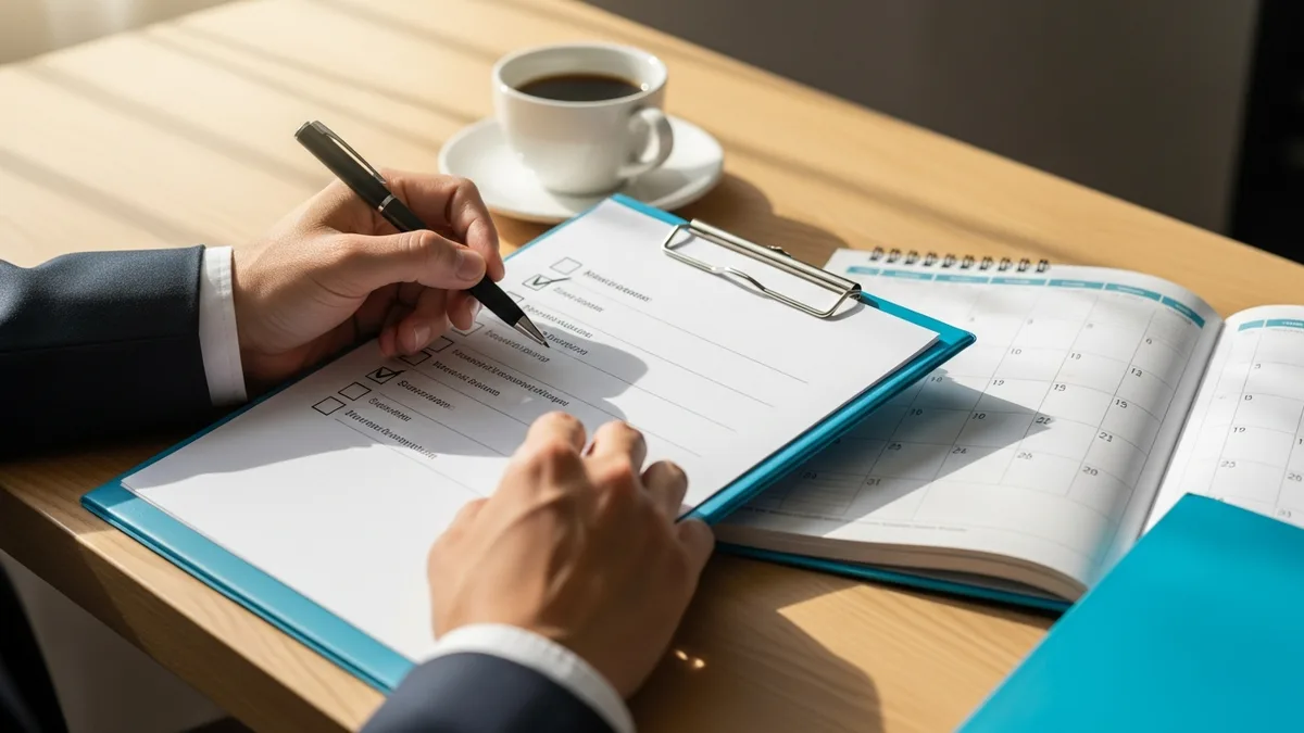 Hands checking off items on a printed checklist next to an open calendar