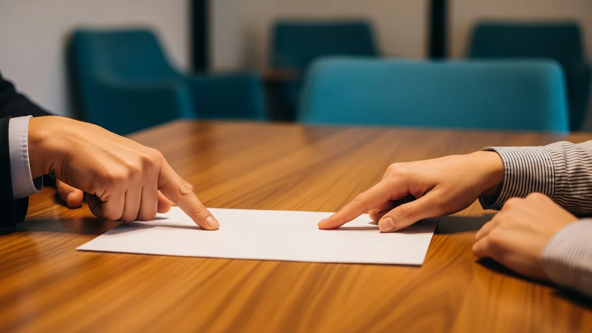 Two colleagues reviewing a printed IT security policy document at a conference table