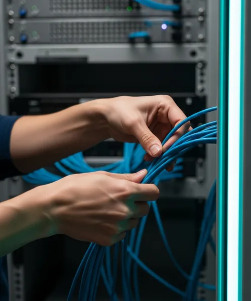IT technician organizing network cables in a server closet during a migration