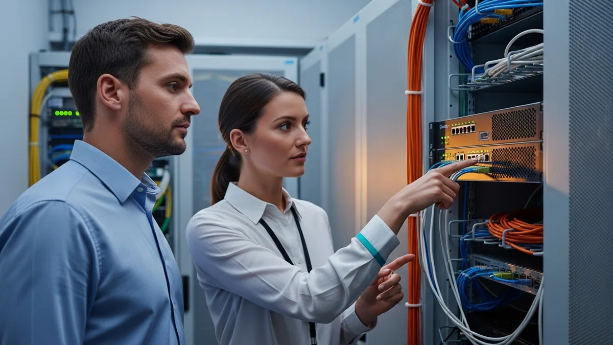IT technicians inspecting a rack-mounted network security appliance in a server room