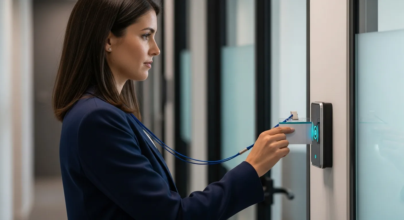 Employee badging into an office through a keycard access reader, representing conditional access and identity controls beyond MFA