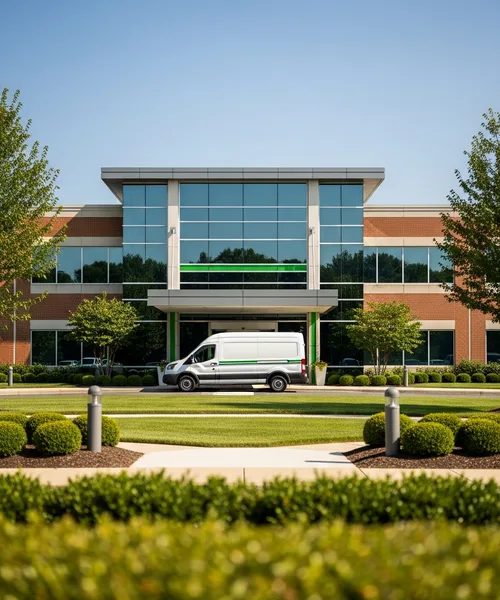 Exterior of a local IT company office building with a service van parked outside