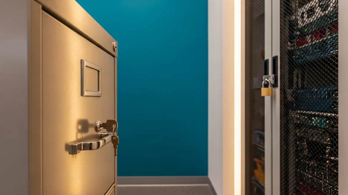 Locked filing cabinet next to a padlocked server rack in a small office hallway