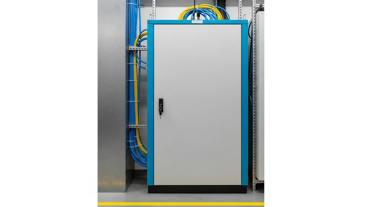 Locked network equipment cabinet with cable management inside a manufacturing facility