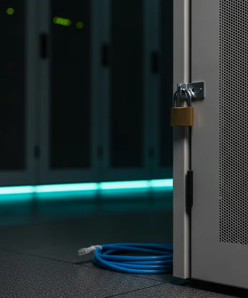 Locked server cabinet representing layered network security against ransomware