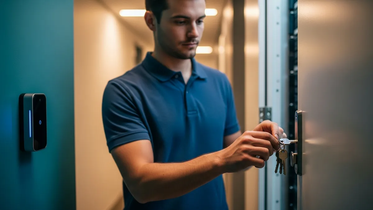 IT technician securing a locked server closet door with a badge access reader in a healthcare office