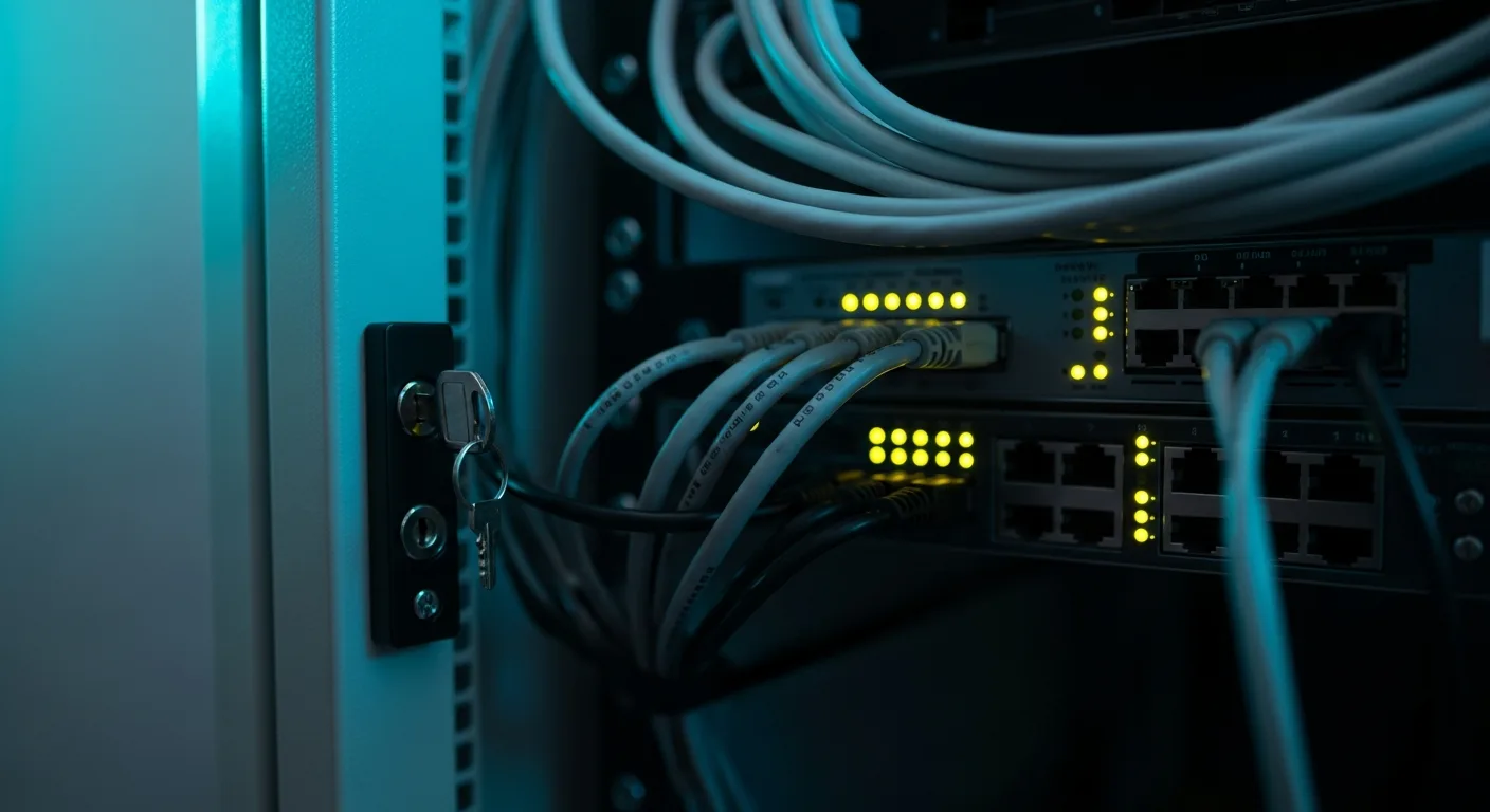 Close-up of a locked server rack cabinet with network cabling and status LED indicators
