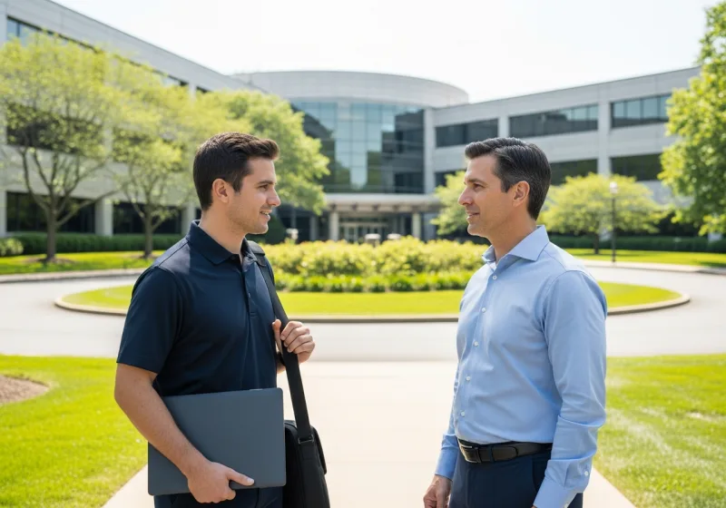 Managed IT services for small businesses in Armonk NY, VJNetworks engineer meeting a business owner outside a corporate office campus near the Armonk Westchester corridor