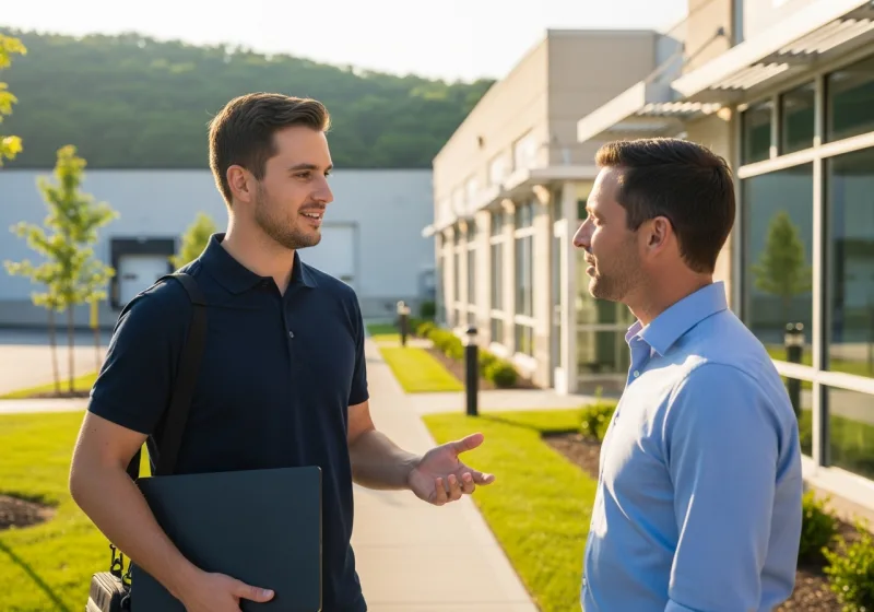 Managed IT services for small businesses in Congers NY, VJNetworks engineer meeting a business owner outside a light-industrial office building